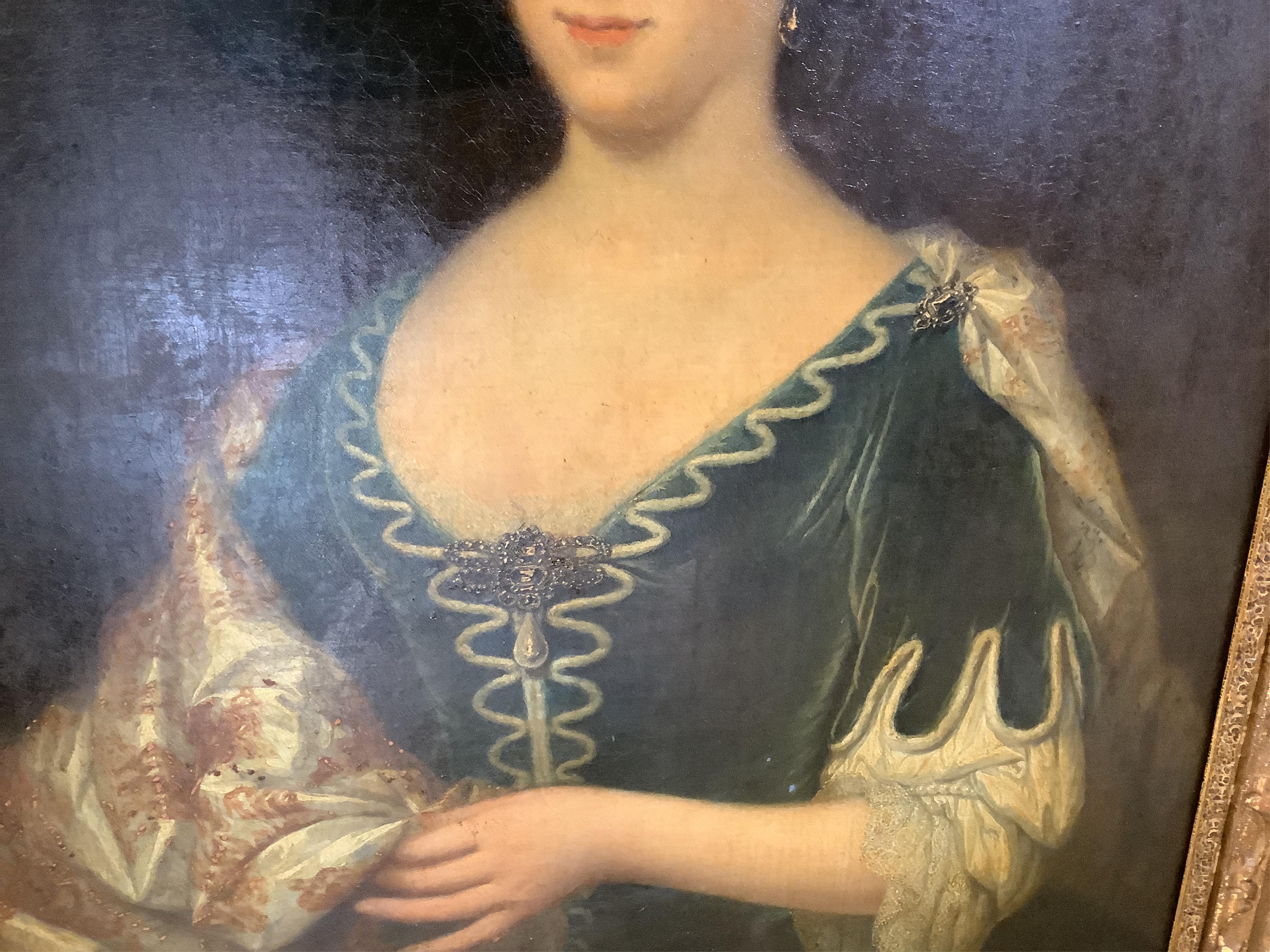 18th century, English school, Portrait of a lady in Georgian dress, unsigned, oil on canvas, 87 x 64cm, ornate gilt frame